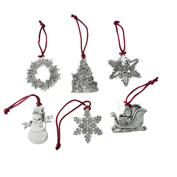 Vintage Unbranded Pewter Christmas Ornaments Set of 6 Silver Holiday Santa Tree - Picture 1 of 11